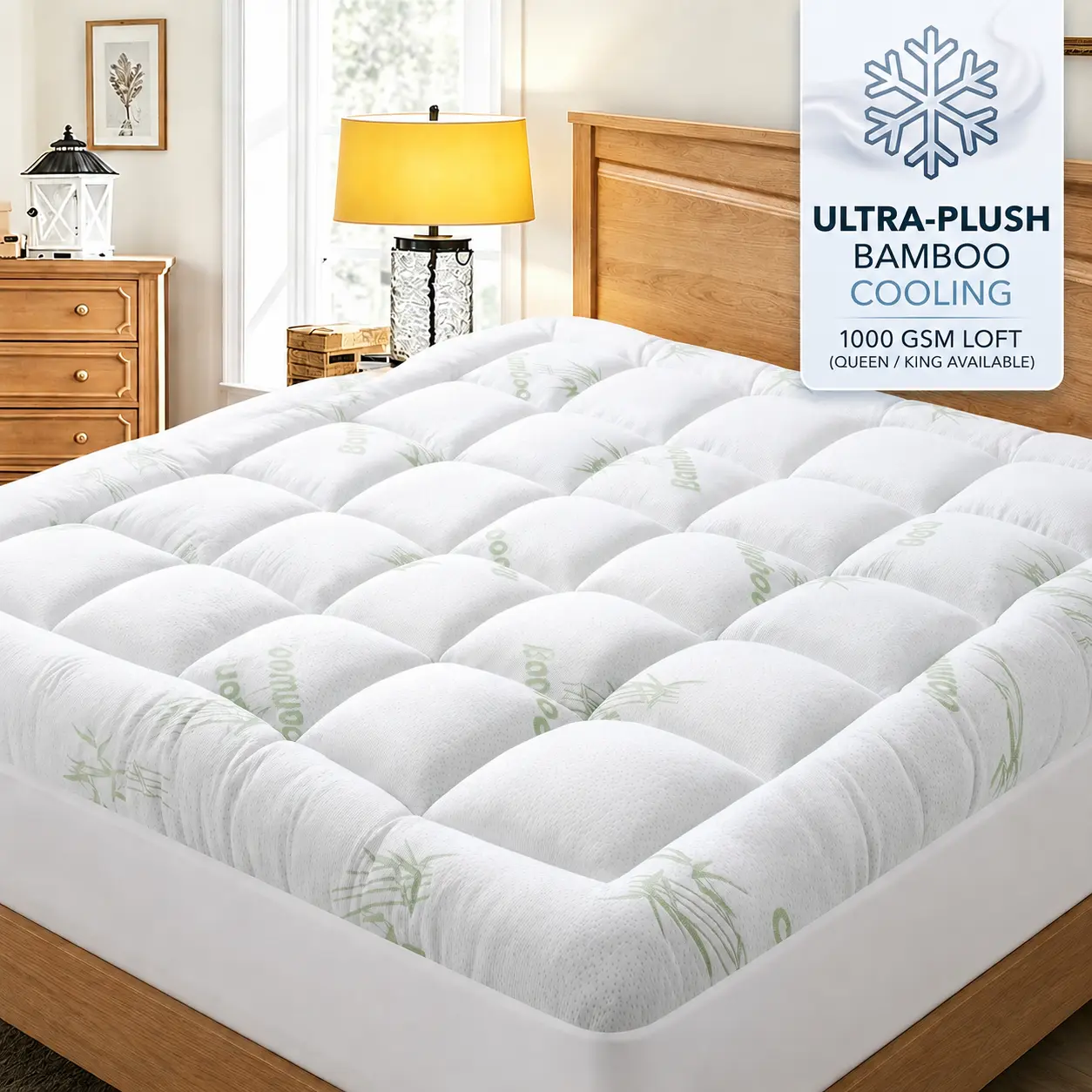 Serwall Queen Mattress Topper - Cooling Back Pain Relief Pad Cover, Overfilled Down Alternative Filling, 400TC Combed Microfiber Fabric, 8-21 in Deep Pocket, Bamboo & Cal King Compatible Options, Bamboo Topper Mattress, Cooling Mattress Topper