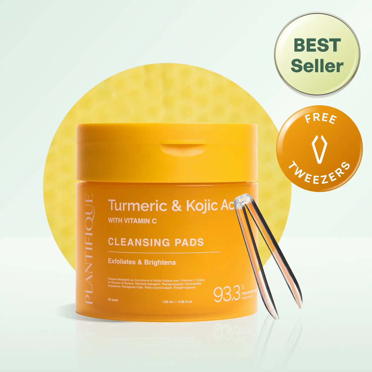 [PLANTIFIQUE Official Shop] Kojic Acid-Turmeric Gentle Cruelty-Free Exfoliating Cleanser Pads, Daily Use, Hydrating Radiance-Boosting Face Pads to Smooth Tone