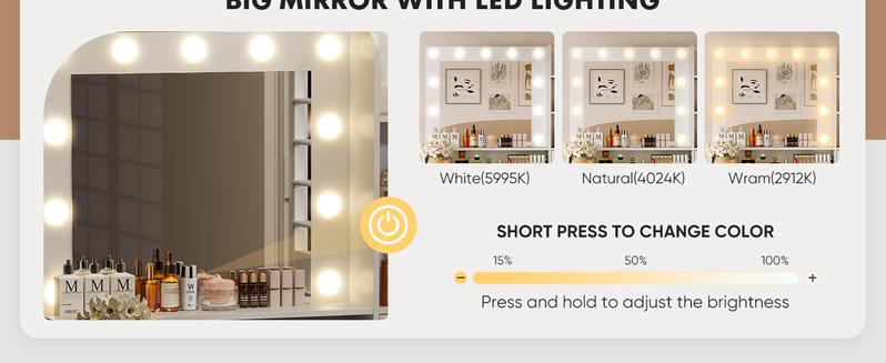 Vanity Desk with Adjustable Lighten Mirror & Power Outlet, Makeup Desk for Bedroom with a Storage Stool and 3 Drawers, 6 Storage Shelves, White Dresser for Girls