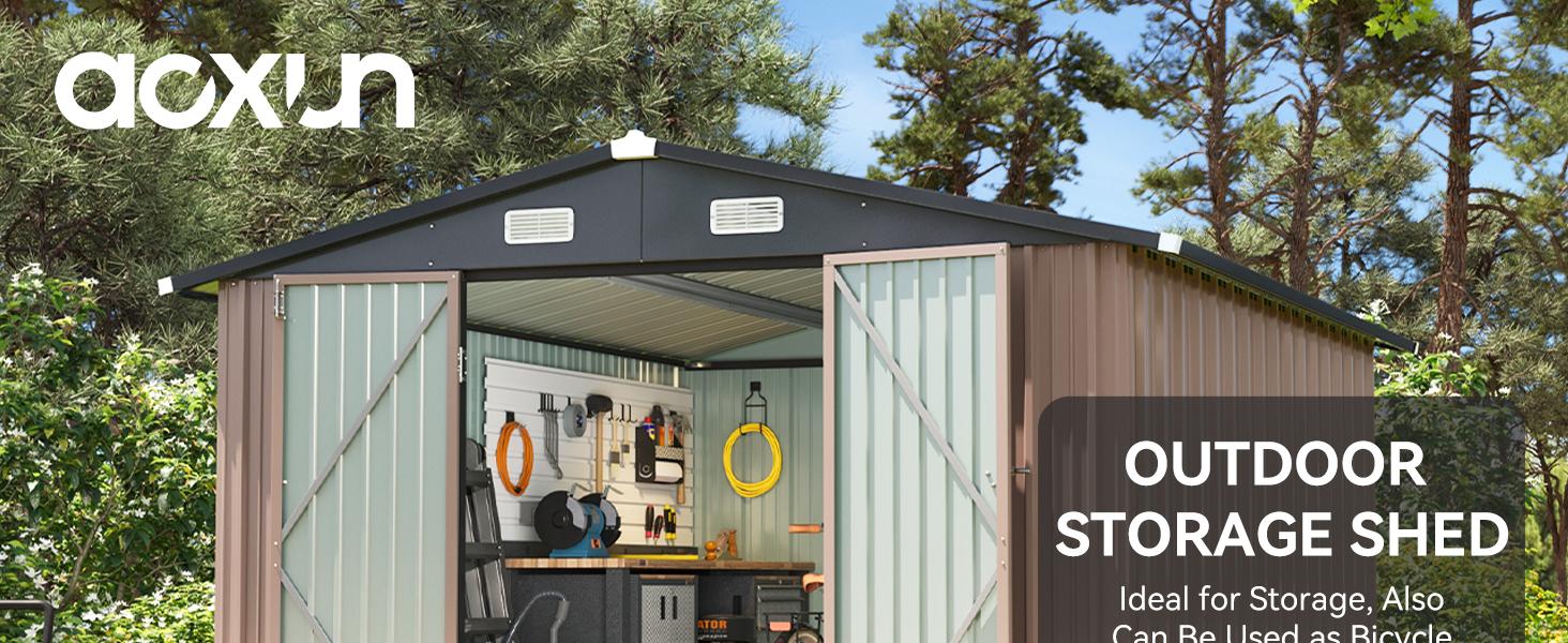 Aoxun Storage Shed Outdoor Metal Storage Shed 8*6 ft, Galvanized Steel Metal Garden Shed with Air Vent and Hinged Door Utility Tool Storage House for Garden, Backyard, Patio, Lawn, with Swing Door and Lock, Brown