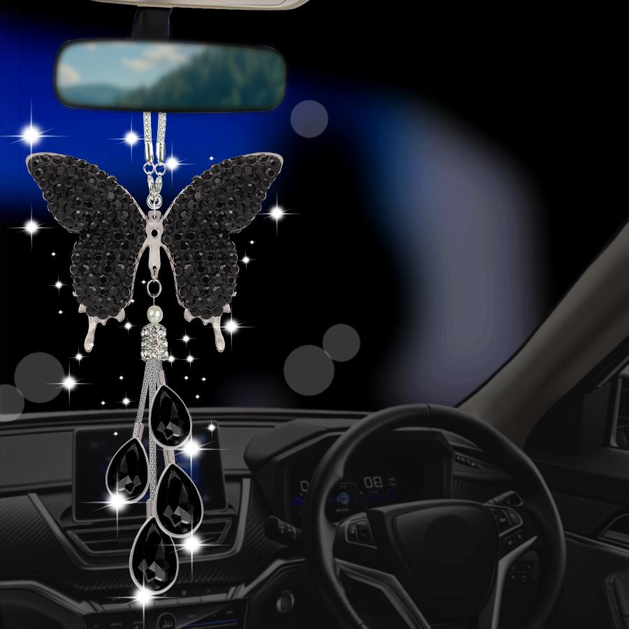 Glam Butterfly Car Mirror Decor with Pearl   Crystal Drops Car Accessories for Her