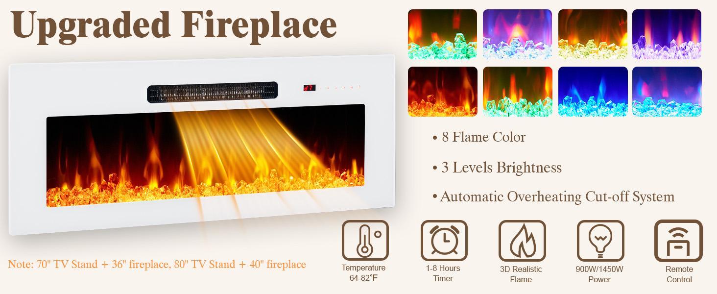 Amerlife 80 inch Floating TV Stand with 40" Electric Fireplace, 80in/70in Wall Mounted Electric Fireplace Entertainment Center with Storage Space