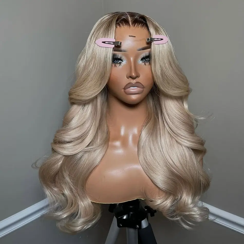 Ombre Ash Blonde Body Wave Drawstring Pre-Cut 13X6 Lace Wig Human Hair Wig And 13X6 HD Transparent Lace Frontal Wig With Elastic Strap 180% Density Highlight Ash Blonde Milk Tea Colored Wig Natural Hairline For Woman
