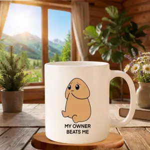 My Owner Beats Me 11oz Mug, Cute Sad Meme Character Illustration, Dark Humor Ceramic Coffee Cup, Viral Meme Joke Gift Mug