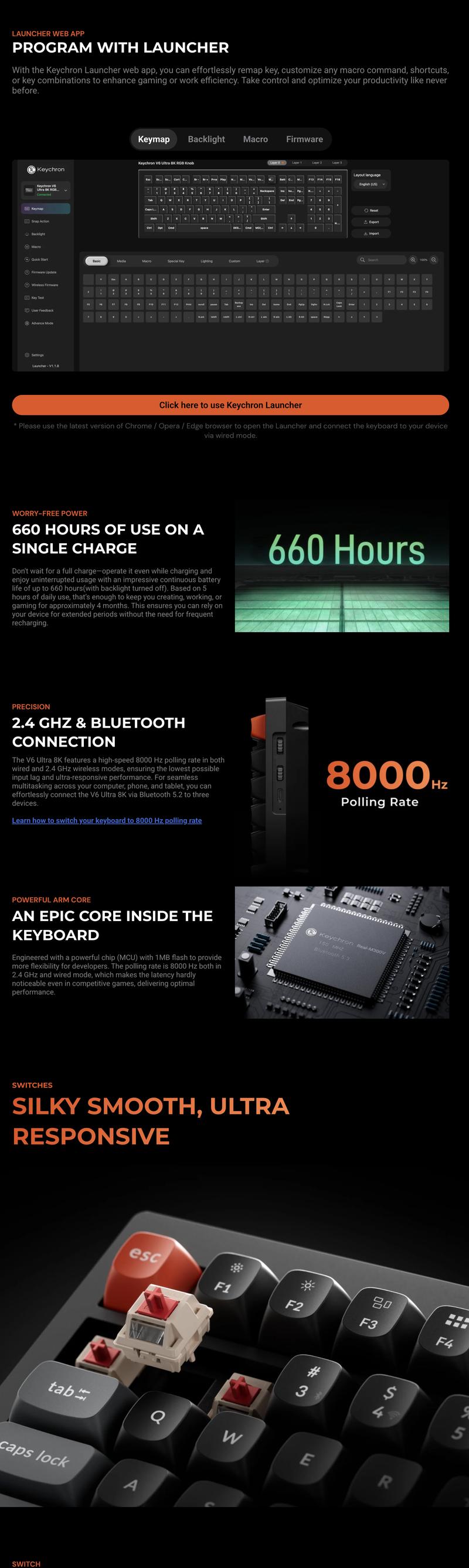 Keychron V6 Ultra 8K Wireless Custom Mechanical Keyboard, Full-Size 100% Layout, 8000Hz Polling Rate, Tri-Mode 2.4G/BT/Wired, ZMK Open-Source Firmware, Hot-Swappable, South-Facing RGB, Double-Shot PBT Keycaps, PC Case