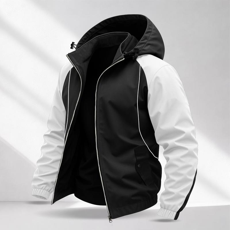 Men’s Color-Block Hooded Jacket — Y2K street windbreaker with zipper, suitable for skateboarding and casual looks; ideal for street commuting; retro sports color-block windbreaker.