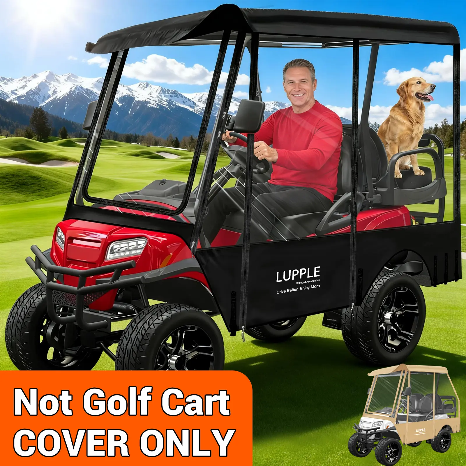 LUPPLE Universal 80 Inch Golf Cart Enclosure for EZGO TXT RXV, Fit Club Car Onward Tempo, Golf Cart Enclosure 4 Passenger Extended Roof, 600D Waterproof Windproof Rain Cover Black