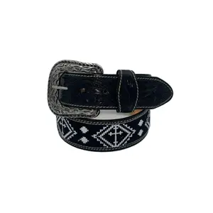 Cowboy City Aztec Handtooled Western Belt, Black with White Crosses – 1 3/4 Inch