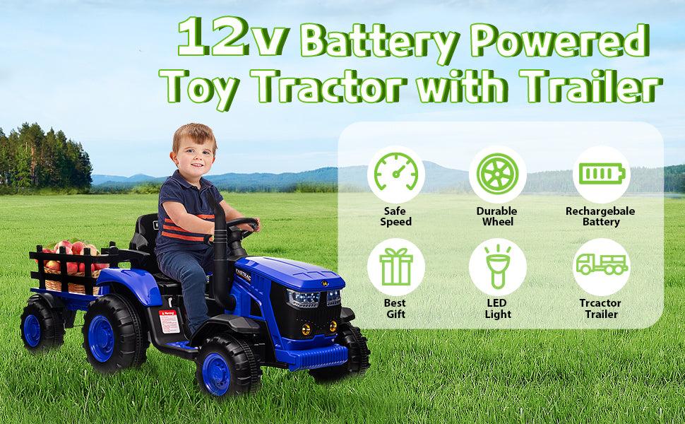 【GARVEE】12V Remote Control Tractor for Kids with 7 LED Lights, Safety Belt, Dual 35W Motors, Trailer, Horn, Music, USB Connectivity, Available in Blue, Green, Red, and Pink