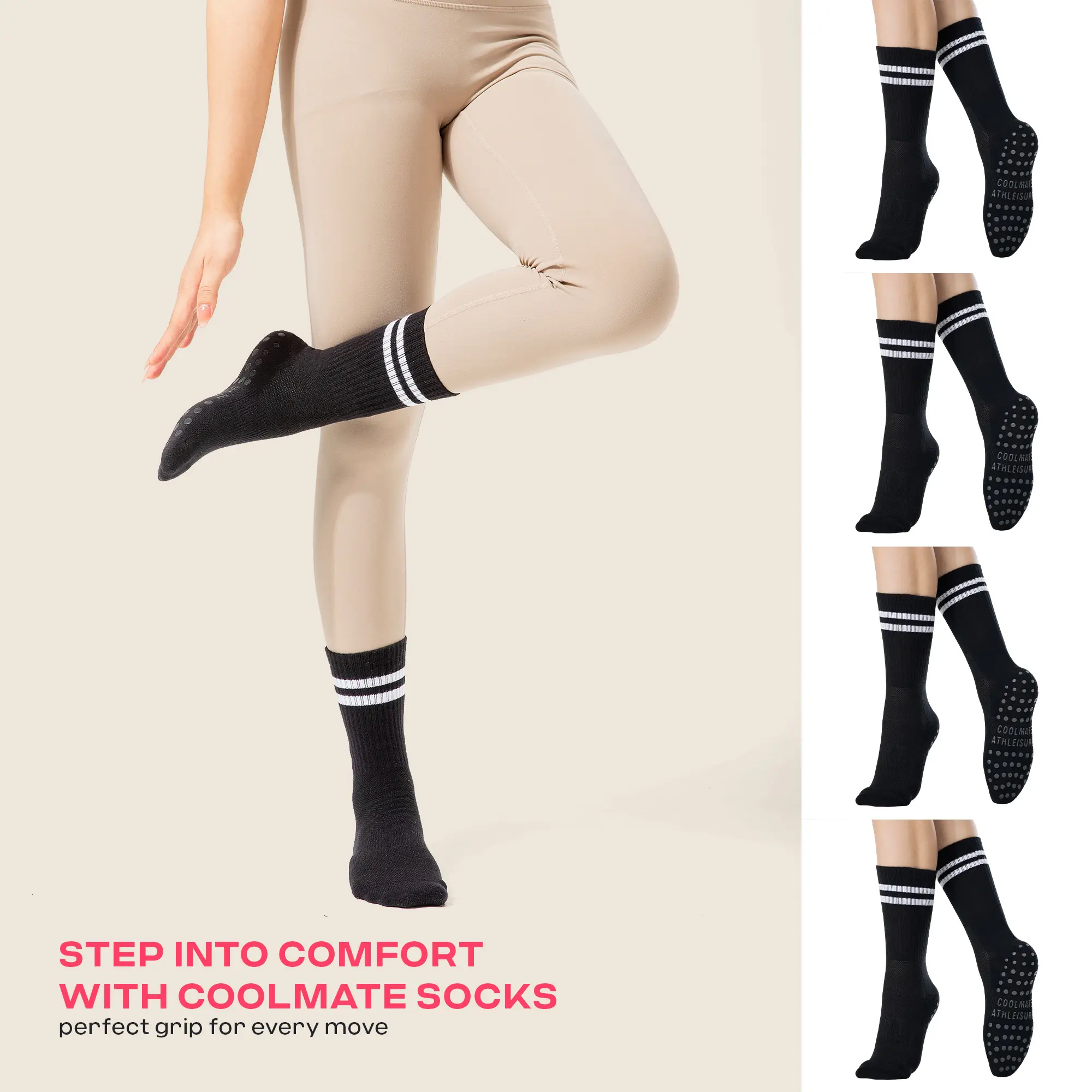 4 Pairs CoolMate 2/4 Pairs Pilates Socks with Grips for Women, Yoga Socks, Crew Non Slip Women for Workout, Barre, Pilates Gifts (Crew Black) Gripsocks