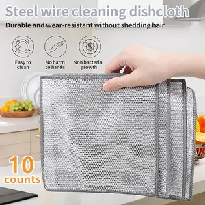 10PCS Set Non-Scratch Steel Wool Dishcloth - Multi Purpose Wire Dishwashing Rags Kitchen Towels and Dishcloths Sets Durable Cleaning Pads Bathroom Home Essentials Cleaning Supplies Tools Mesh Scrubber Microfiber