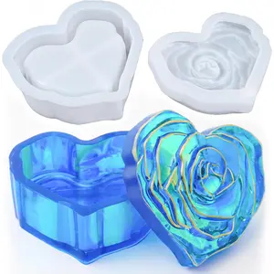 Heart Shaped Resin Jewelry Box,Heart Jar Resin Mold with Rose Lid Epoxy Resin Storage Box Casting Molds DIY Jewelry Trinket Candy Container Silicone Mould Concrete Cement Plaster Planter Candle Vessel Craft Silicone Molds
