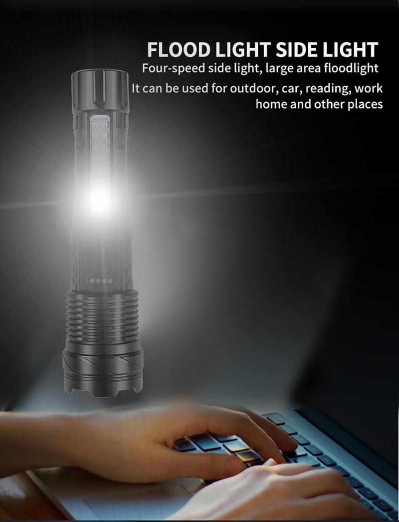 High Strong Power Led Flashlights Tactical Emergency Spotlights Telescopic Zoom Built-in Battery USB Rechargeable Camping Torch