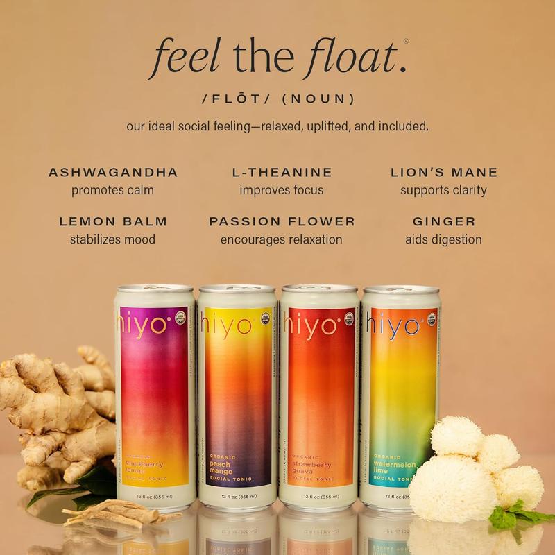 Hiyo Organic Social Tonic – Classic Pack, 12 Pack - N.A. Functional Seltzer, Sparkling Water Crafted with Organic Adaptogens, Nootropics & Botanicals
