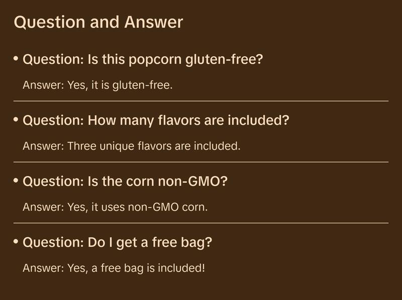 KrackCorn Popcorn Large 5-Bag Variety Pack+FREE Bag! Three Flavors. Crunchy Caramel. Savory Cheese. Spicy Jalapeno Heat. Gluten Free. Non GMO Corn. No High Fructose Corn Syrup.