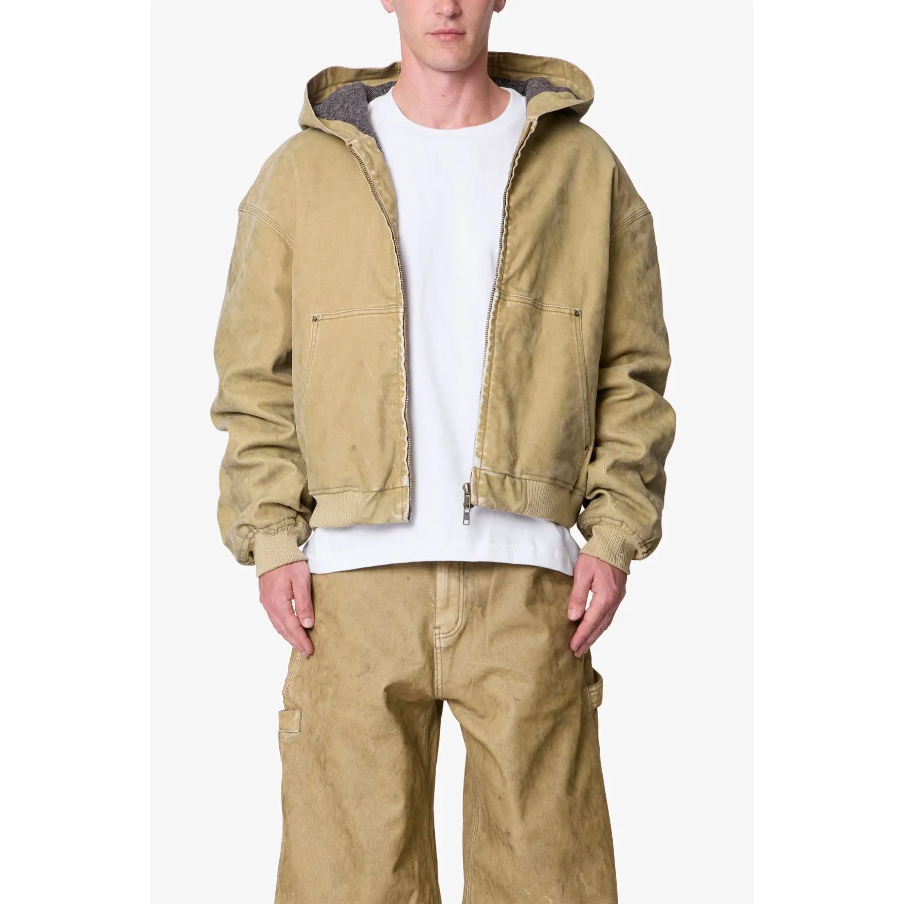 mnml Flocked Hooded Zip Up Work Jacket - Tan