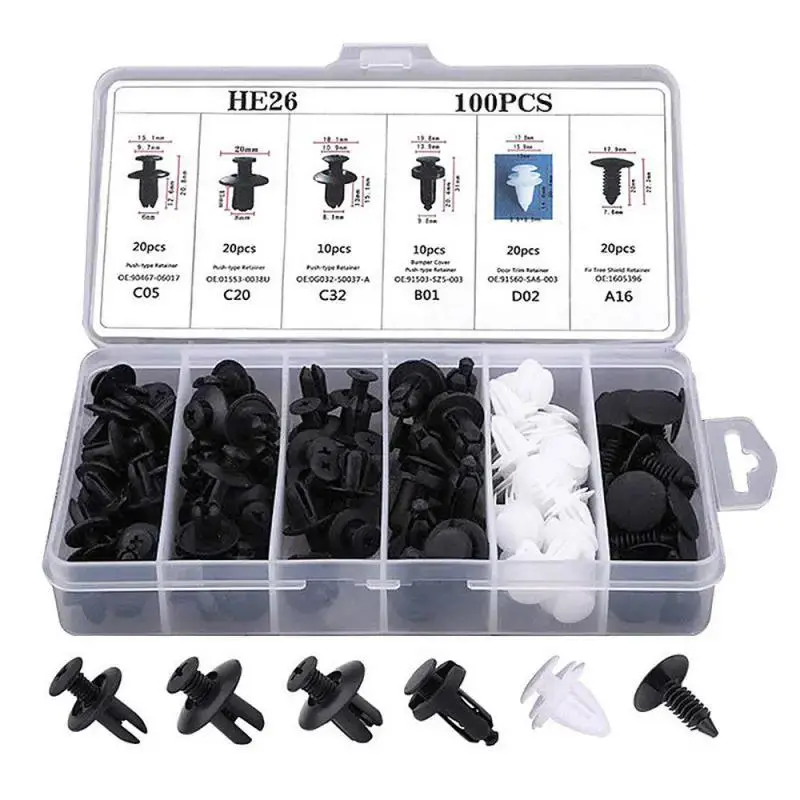 HE26 100pcs Universal Expansion Screw Clips Set, Car Clip Retainer for Automobile Mudguard, Door Panel, Fits C05 C20 C32 B01 D02 A16 Hardware Fasteners Accessories