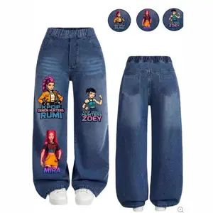 Girls' Valentine's Day Kpo Cool Hunter Girl Print Jeans, Casual Sporty Denim Jeans for Ages 8-12, Fashionable Trendy Clothing