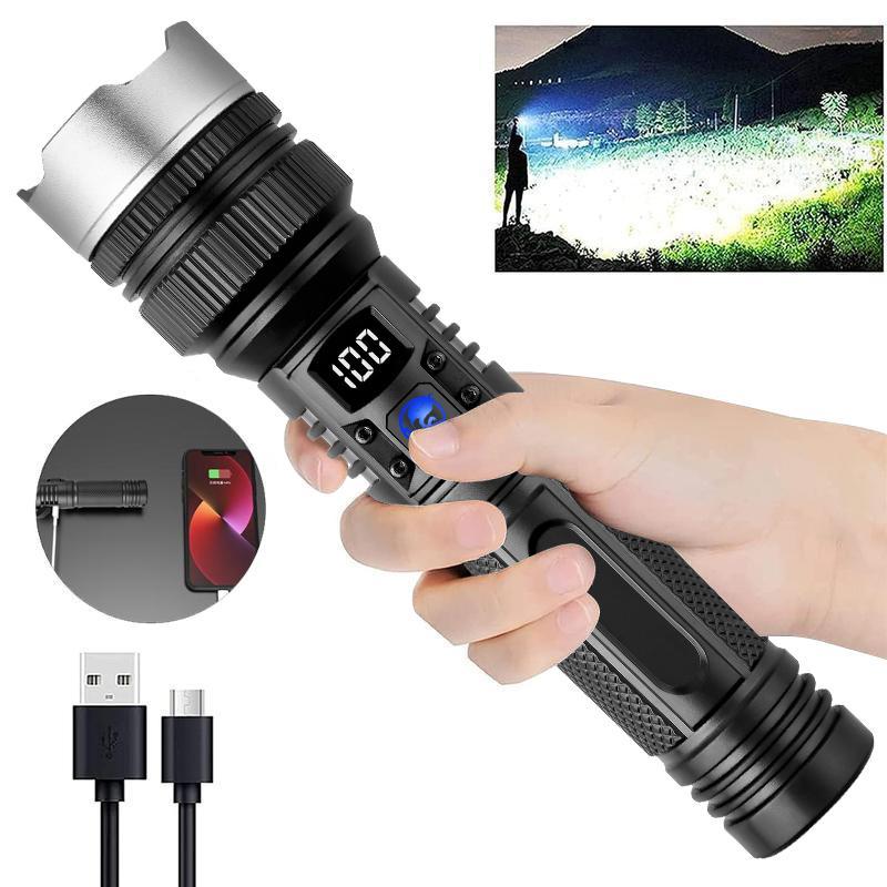 2PCS EXOVAN 2-in-1 Strong Flashlight (Power Bank)，Digital display of power, Rechargeable，Zoomable, , X4Waterproof, Adjustable Brightness Flash Light for Outdoor, Emergency, Camping Accessories，Black