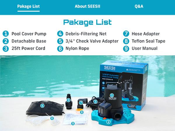 SEESII 1/3HP Pool Cover Pump Automatic On/Off 3035GPH Submersible Water Pump with Filter Net 25ft Cord Check Valve for Swimming Pool Hot Tubs Pond#SummerVibes