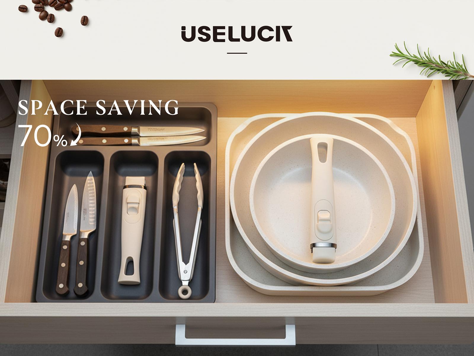 USELUCK 20 Pcs non stick pots and pans, Oven Safe, Stackable pots and pans with removable handles, Healthy RV Set with Detachable Handle Frying Induction Lids Stove Square Silicone Glass Cookware home use