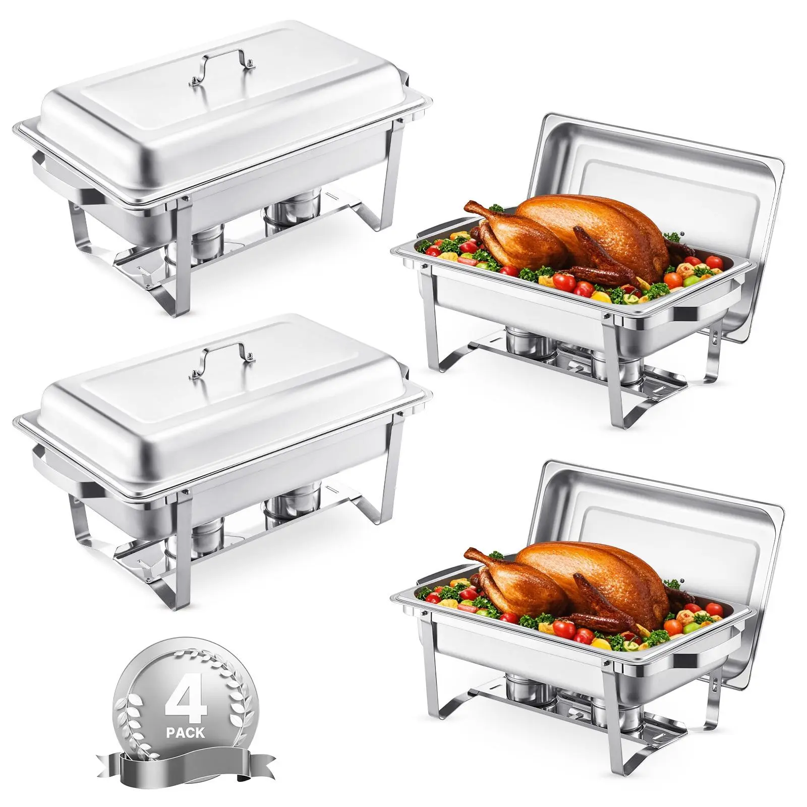 【DealsForYouDays】VEVOR Stainless Steel Chafing Dish Buffet Set, 8 Qt 4-Pack Portable Bakeware with 4 Full-Size Pans, Rectangular Casserole Dish Serving Warmer Server with Lid, Water Pan, Stand & Fuel Holder for Weddings, Banquets