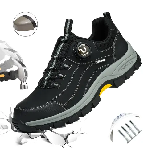 UMBURLLY Men's Steel-Toe Work Boots - Athletic Work & Safety Walking Shoes, Anti-Smashing Round Toe, Anti-Puncture Kevlar Midsole, Slip-Resistant Durable Fabric Sole, Button Design, CN40 (US7.5), Hand Wash Only, for Factory & Construction All Seasons