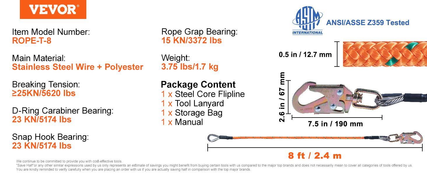 VEVOR Steel Core flipline, TikTokShopBlackFriday, 1/2" x 8' Arborist Flipline, Flip Line for Tree Climbing with Alloy Steel Snap Hook, Aluminum Alloy Carabiner and Extra Tool Lanyard, for Arborist, Tree Climbers