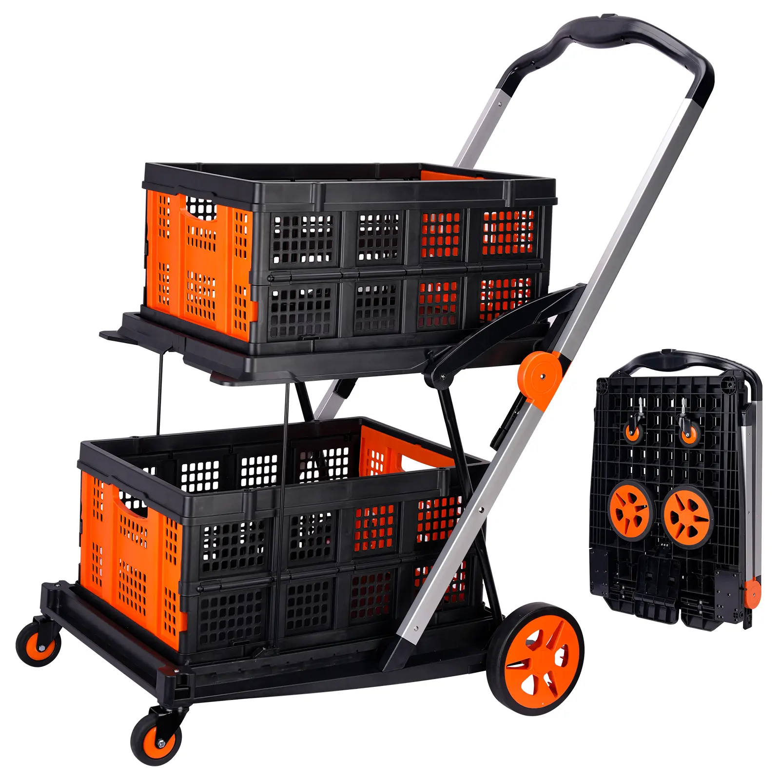 FWTI DEAL Collapsible Foldable Wagon, 200-Pound Capacity Wheeled Grocery Cart with 2 Storage Crates, 2 Tie-Down Straps, Foot Brake - Bright Orange Platform Hand Truck