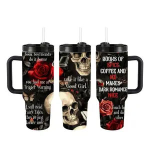 Dark Romance Bookish 40oz Tumbler with Handle, Skull and Roses Smut Reader Gift, Spicy Book Club Cup, Touch Her and Die Vibes, Book Boyfriend Stainless Steel Travel Mug