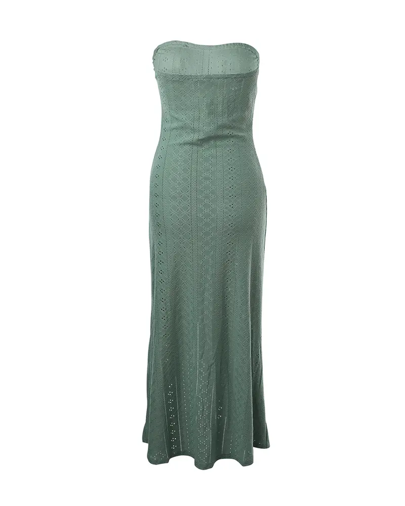 CHICME Women's Strapless Ruched High-Waist Wrap Split Asymmetrical Casual Basic Feminine Minimalist Embroidered Beach Maxi Dress for Wedding Guests