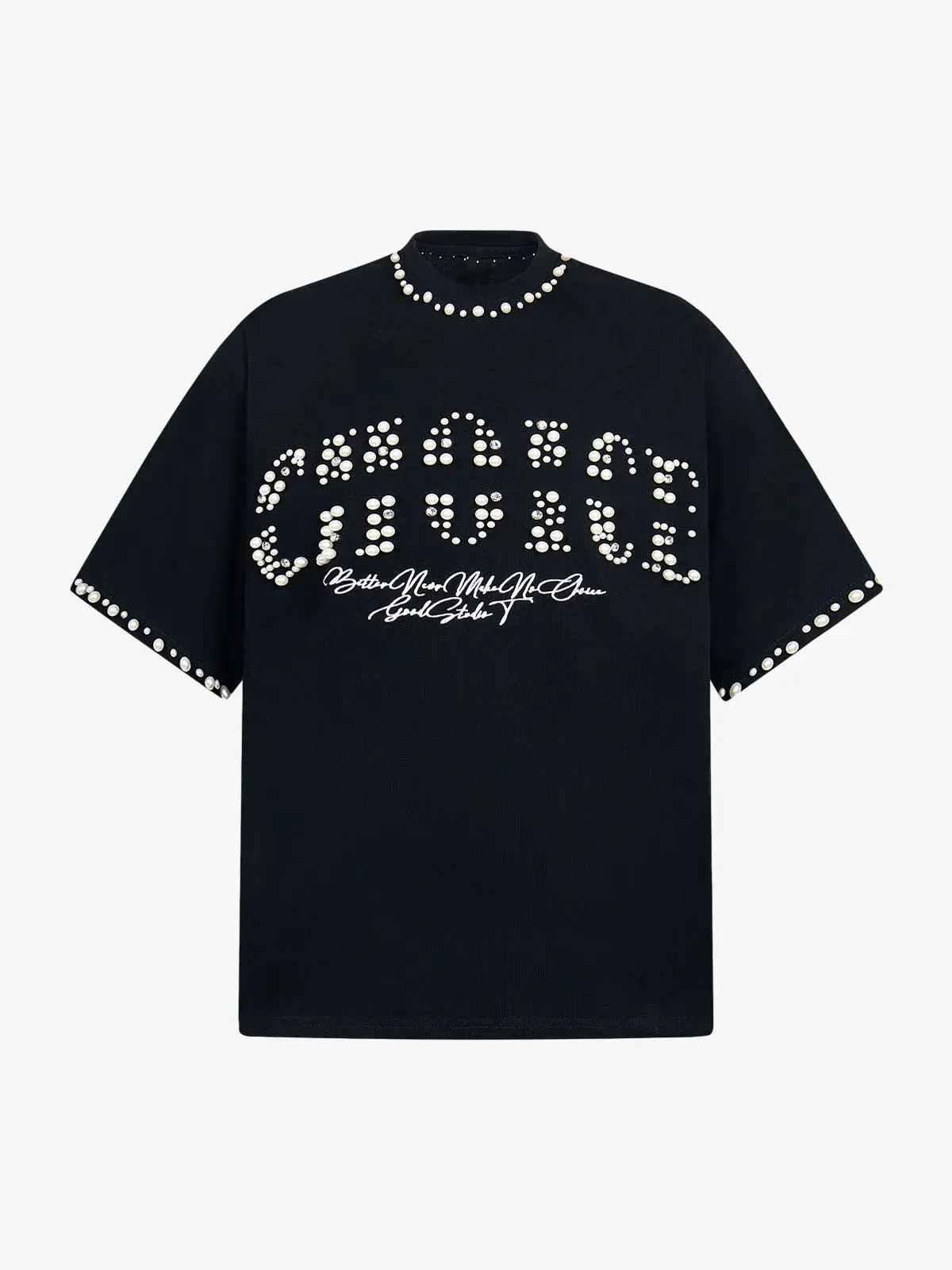 Thesupermade Pearl-Embellished Collar Cuff Oversized T-Shirt | Cotton Blend Pearl Trim Streetwear Tee Men Women