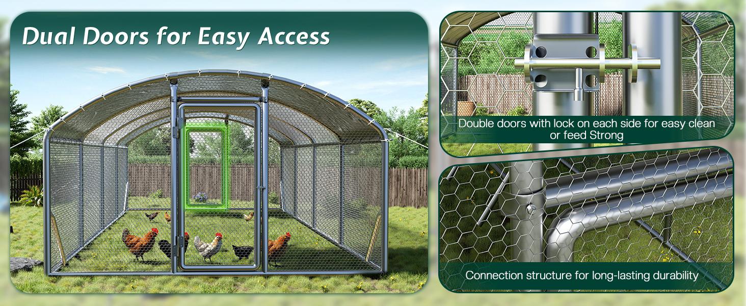 VanAcc Large Chicken Coop with Perch and Hinged Door, Spire Roof Walk-in Chicken Run with Metal Frame and PE Cover for Backyard Poultry, Ducks, Rabbits