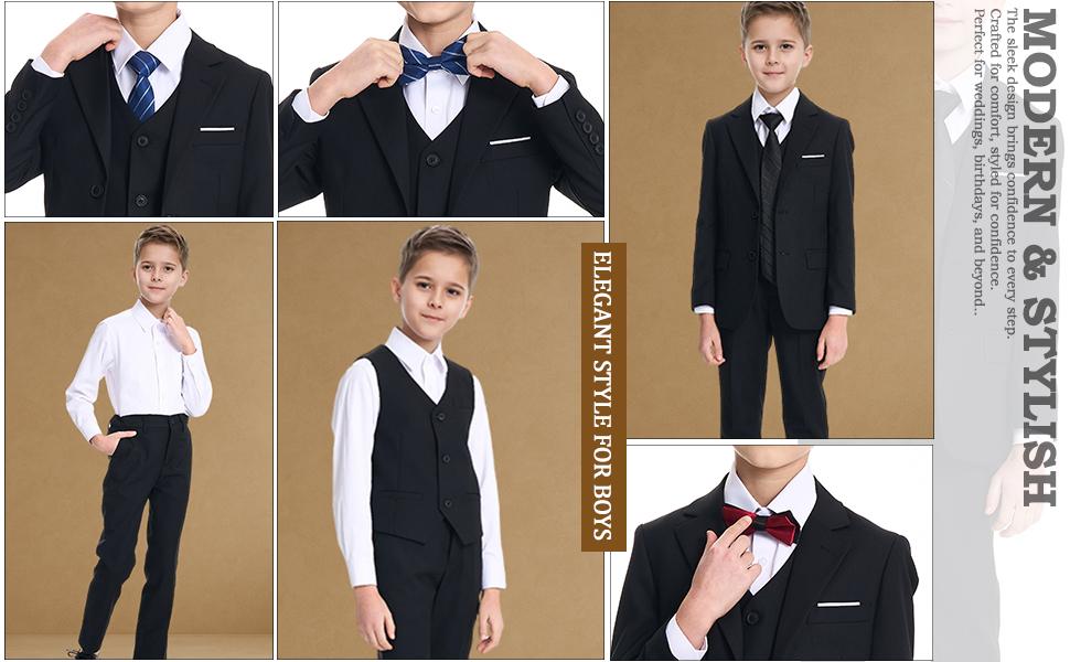 Boys 8-Piece Formal Slim Fit Suit Set, Outfit for Wedding, Party, Graduation, Churches, Adjustable Waist