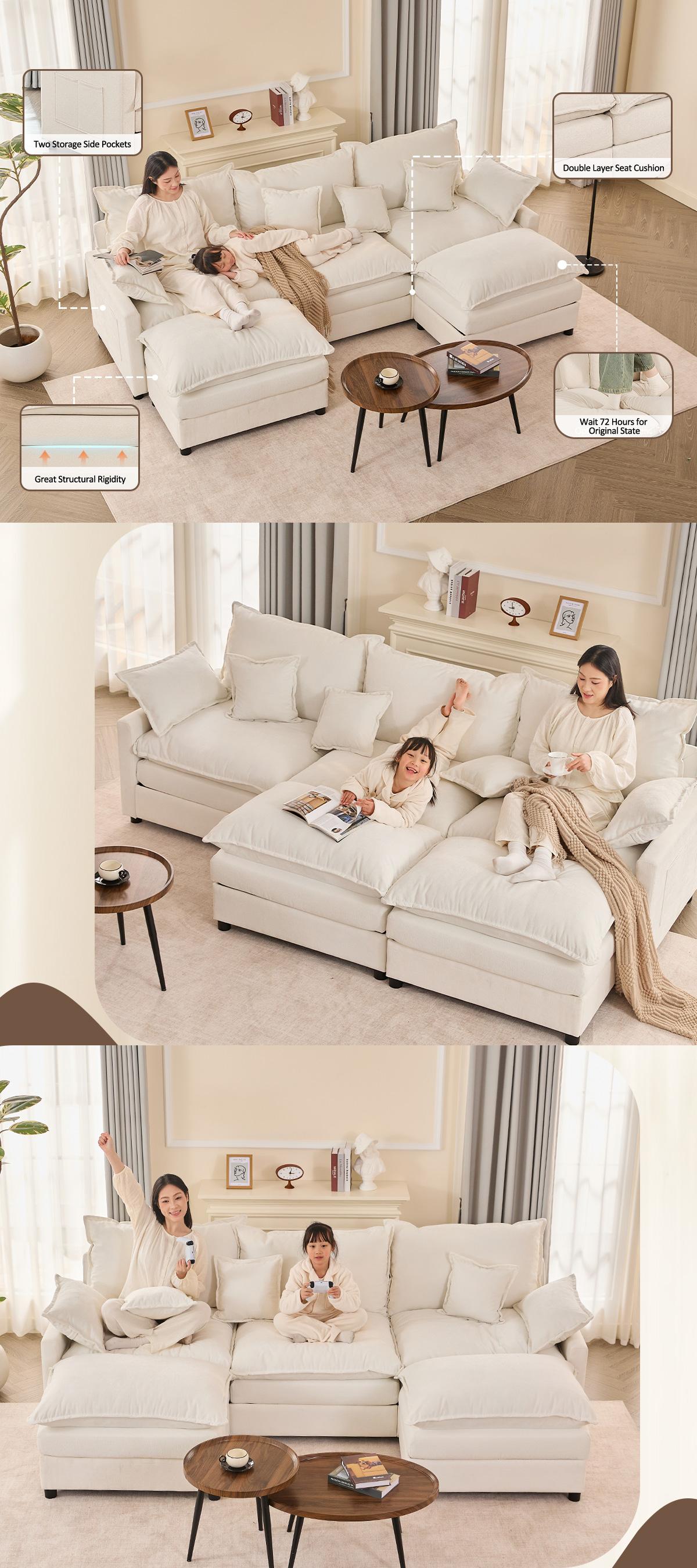 【2 Packages Shipping】GOSUHI 108" U-Shaped Modular Sectional Sofa - Comfy Cloud 3-Seater with 2 Movable Ottoman, Cloud Sofa,Deep Seat Linen Couch for Living Room, Beige Color ,Comfort & Stylish Design,Chenille pink