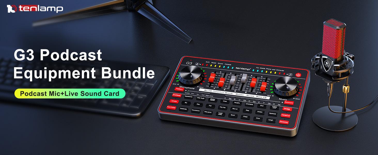 Tenlamp G3-Q8 Podcast Microphone bundle Live Sound Card Streaming Audio Mixer, Podcast Equipment with Voice Changer/Audio Interface for Live Streaming/Singing/Content Creation, with Voice Effects Soundboard