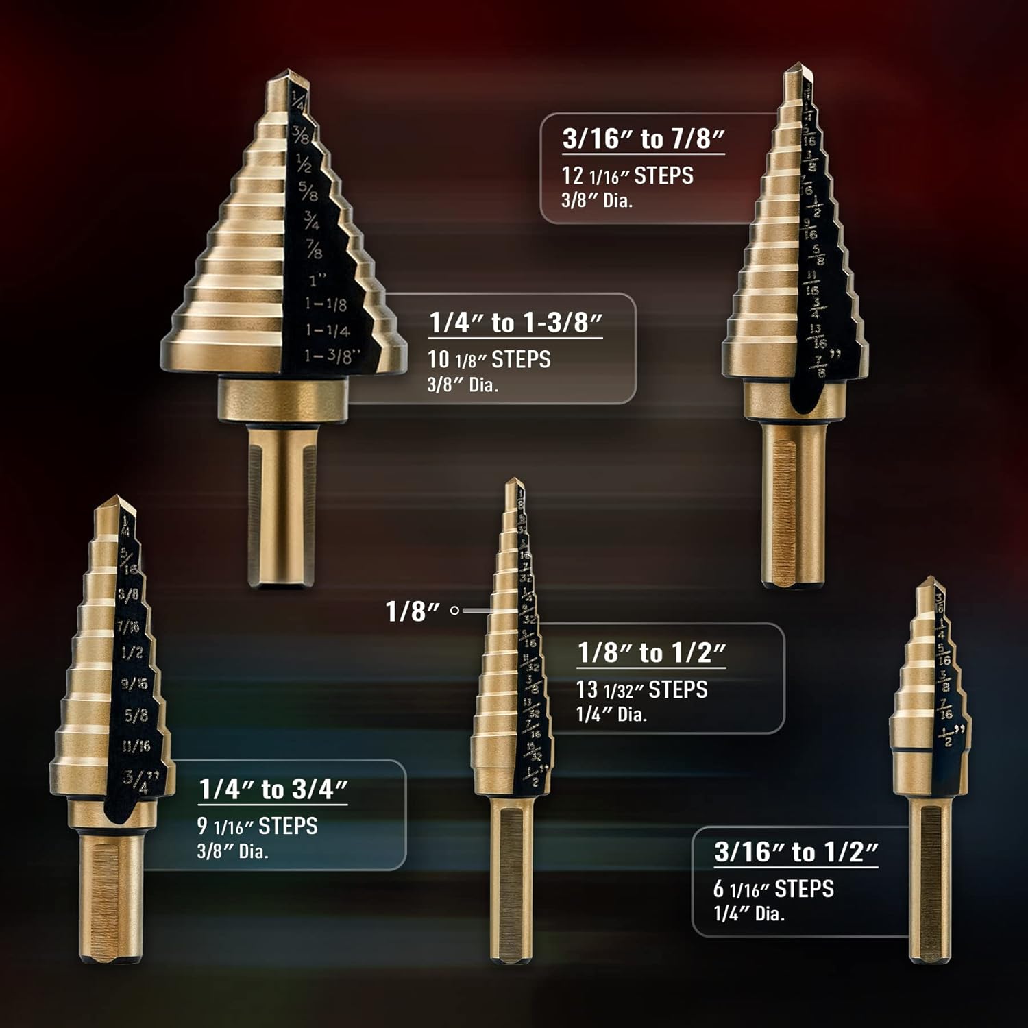 5PCS Titanium Step Drill Bit Set, High Speed Steel Cone Drill Bits 50 Sizes Multi-Hole Cutting Tool, Metal Hole Cutter for Iron Copper Wood Plastic Fiberglass, DIY Industrial Hand Tools, Perfect Father's Day Gift for Dad
