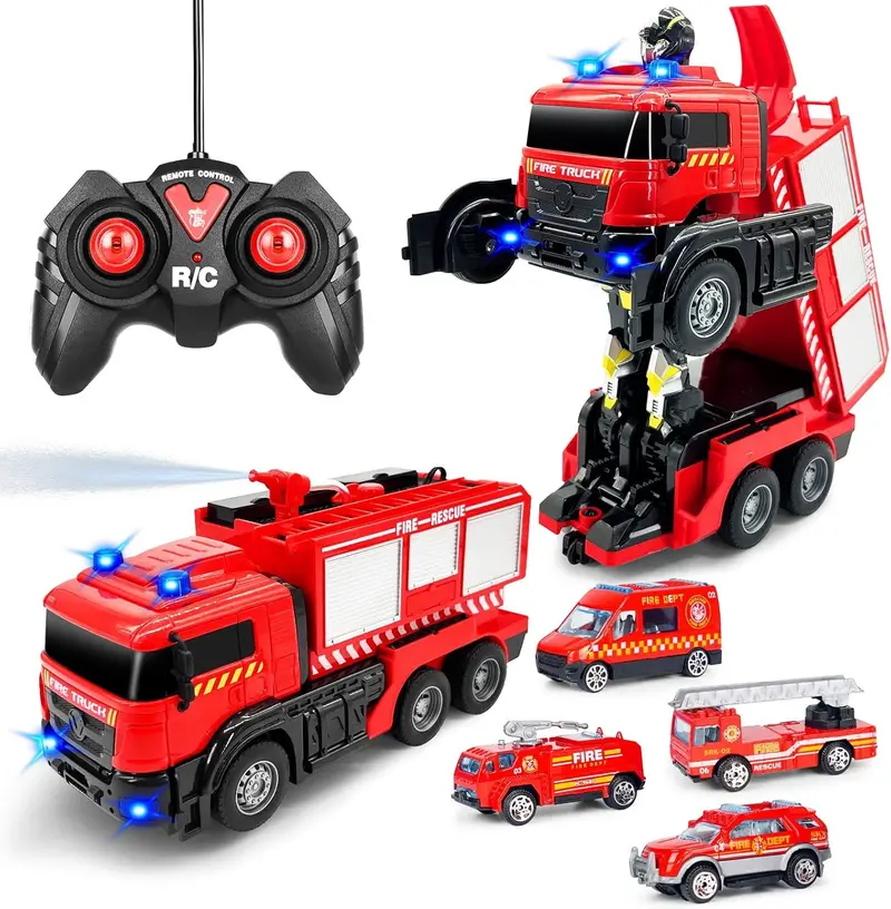 Remote Control Fire Truck with LED Sounds, RC Car Toy with 3pcs Small Firetrucks and 10pcs Roadblock Models, One Button Press Spraying Water Transformer Fire Truck for Kids Toddlers Boys