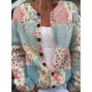 Women's Lightweight Floral Print Cardigan - Long Sleeve, Button-Up, Round Neck, Polyester Knit with Vibrant 3D Geometric Print Patterns in Blue, Pink, White & Green, Perfect for Spring & Fall, Lightweight Cardigan