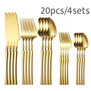 20-piece set of stainless steel mirror-polished Western tableware, including dinner knives, dinner forks, dinner spoons, and teaspoons, designed to meet the dining needs of multiple people . dinnerware service cutlery portable gold silver ware flatware