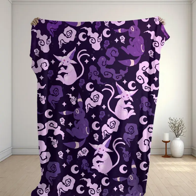 Umbreon Espeon Fleece Blanket Moonlight Galaxy Pattern Cozy Throw Blanket Psychic Cat Home Decor Family Baby Blanket Umbreon Blanket  Gift Idea Home Party Holiday Decor Christmas and Halloween and Birthday