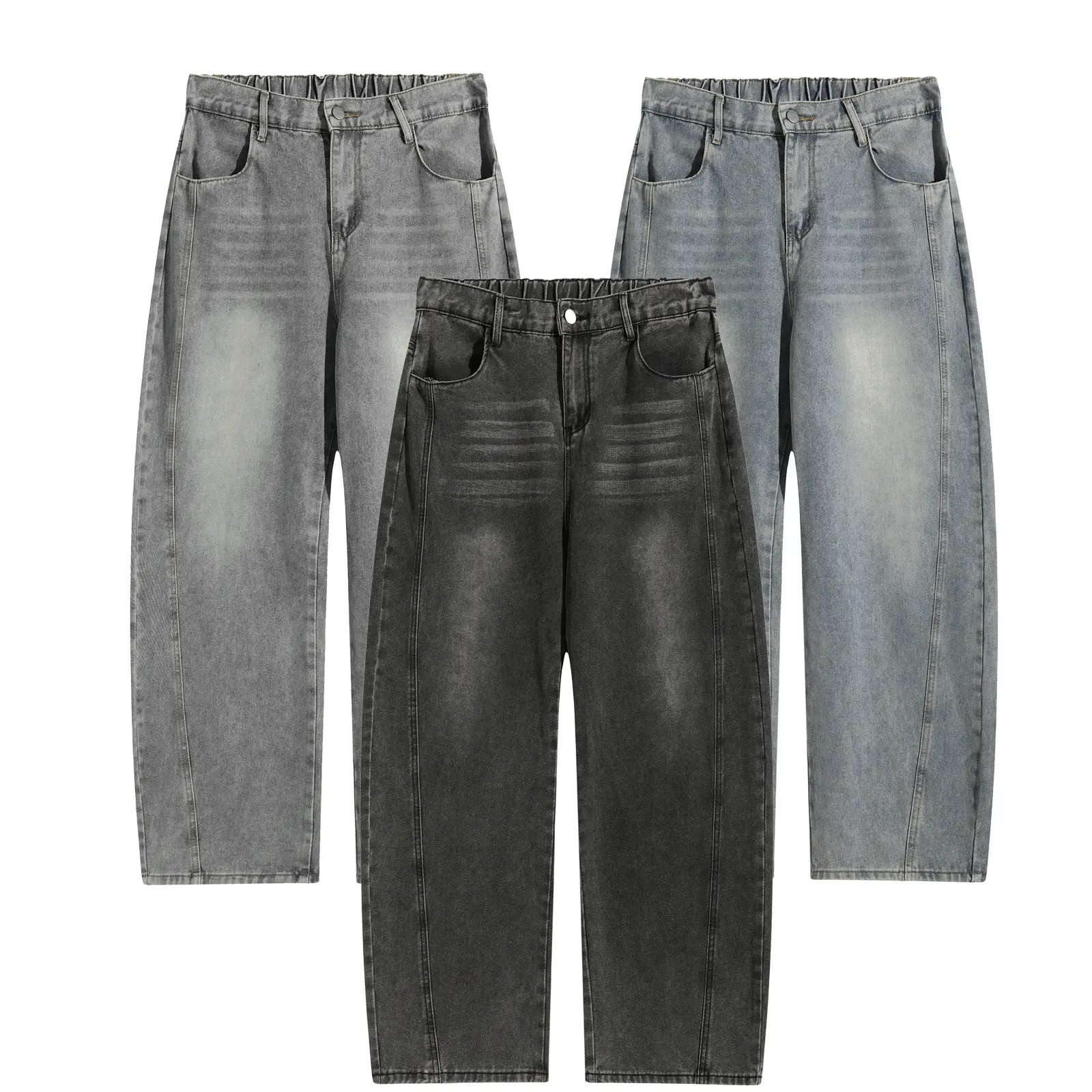 Men’s Dark Gray Washed Plain Baggy Jeans - Elastic Waistband, Wide Straight Legs, Vintage Hip-Hop Style, Plus-Size Casual Long Streetwear Menswear Pants