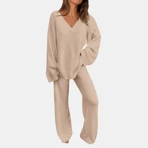 Women's 2-Piece Lounge Set Soft Chunky V Neck Tops & Wide Leg Long Pants Basic 100% Polyester Tracksuit Loungewear Minimalist Homewear Pajama