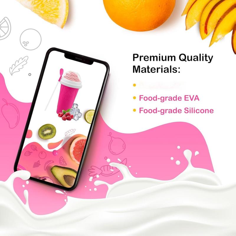 Slushy Cup & Slushy Maker Portable Smoothie Slushie Squeeze Cup for Juices, Milk and Ice Cream Make, Double Layers Silica with Lid & Straw for Kids, Friends & Family (PINK, STANDARD SIZE)