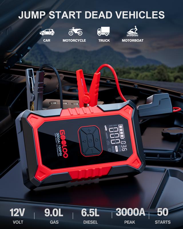 GOOLOO A3 Portable Car Jump Starter with Air Compressor, 3000A Car Battery Jump Starter (9.0 Gas/6.5L Diesel) with 150PSI Digital Tire Inflator Repair Tool Kit Vehicle
