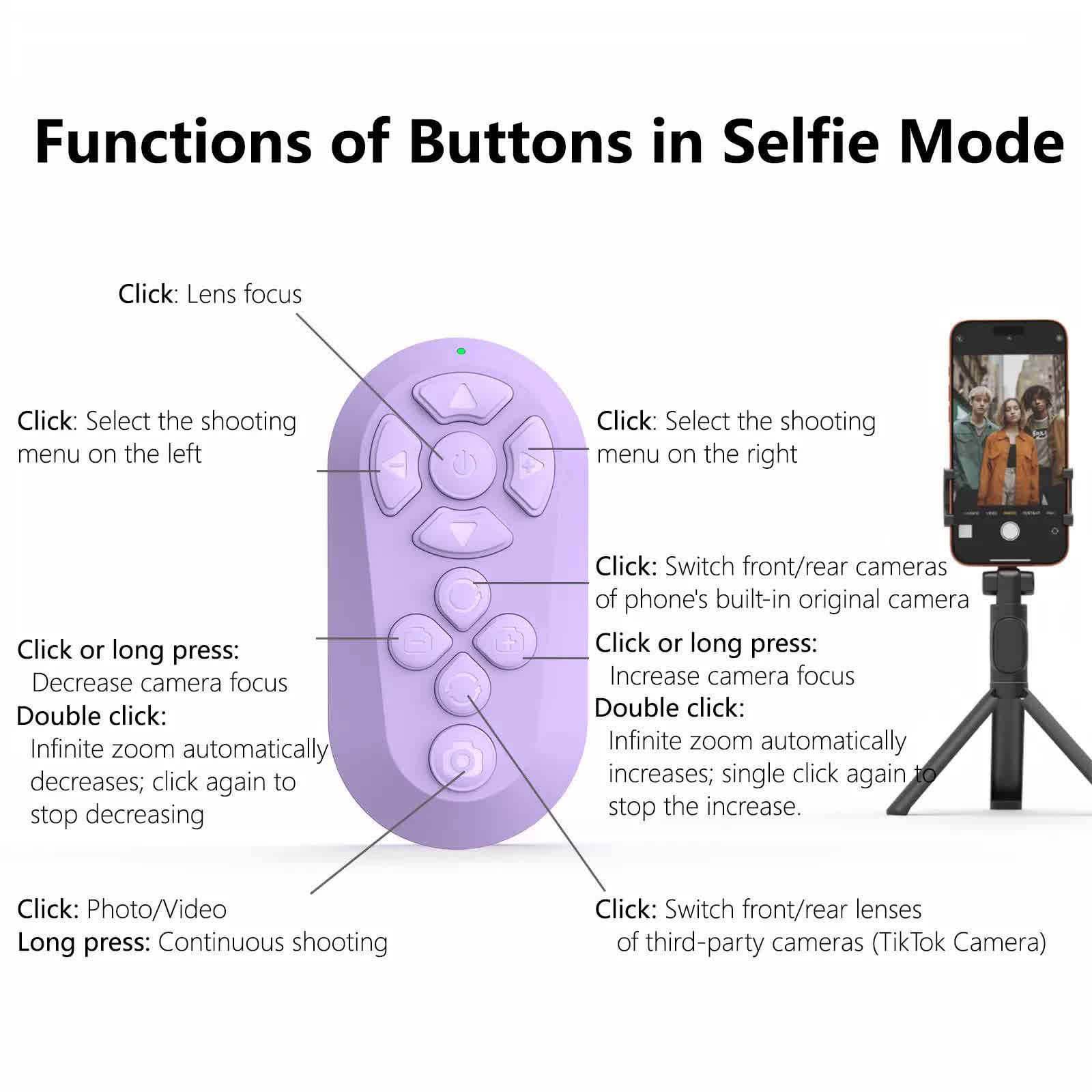 Wireless Bluetooth Remote for TikTok, Page Scrolling, & Camera Shutter | Hands-Free iPhone & Android Controller