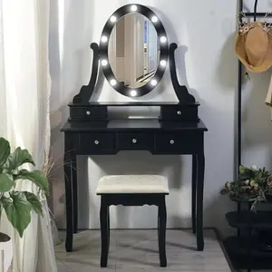 Modern Makeup Vanity Set with Lighted Mirror and Cushioned Stool, Dressing Table with 5 Drawer Storage, Multi-Functional Vanity Desk for Bedroom, Make Up Table for Kids, Women, Black