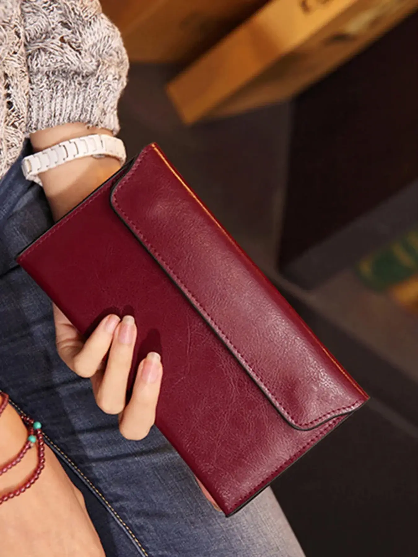 Women Slim Genuine Leather Wallet, Long Clutch Coin Purse, Envelope Clutch Style, Luxury Design, Casual Style, Wallets Women All Seasons Use, Perfect Gift, Leather Wristlet Wallet