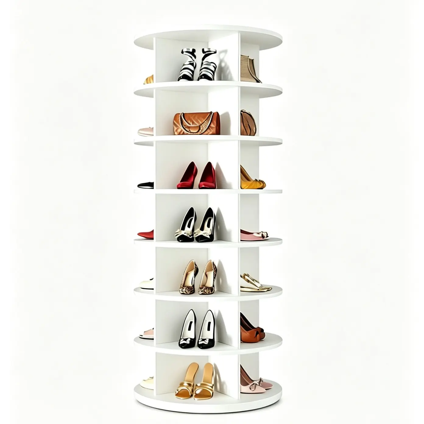 WGCTEK 7 Tiers Rotating Shoe Rack Tower, 360° Spinning Shoe Rack, Revolving Storage Round Carousel Display, Freestanding Lazy Organizer Display for Bedroom, Living Room, Entryway, Closet, White