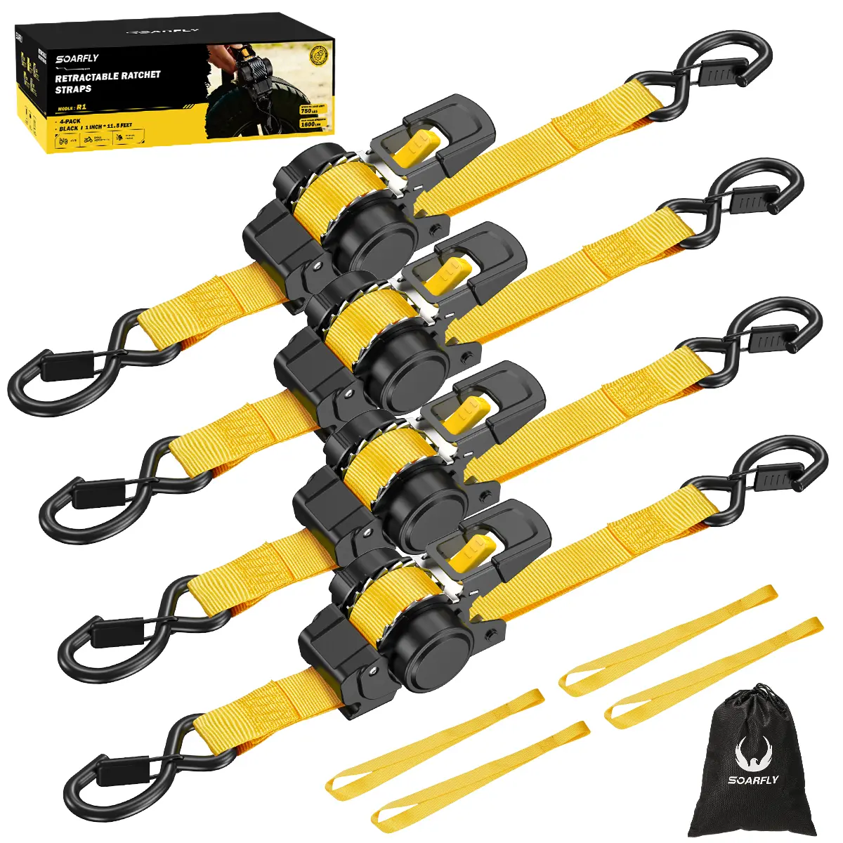 SOARFLY R1 Retractable Ratchet Straps, 1" x 11.5 ft-1600 LB Break Strength, Car Tie Downs with Ratchets Straps for Cargo, Truck, Trailer, Motorcycle, Boat (2-Pack or 4-Pack)